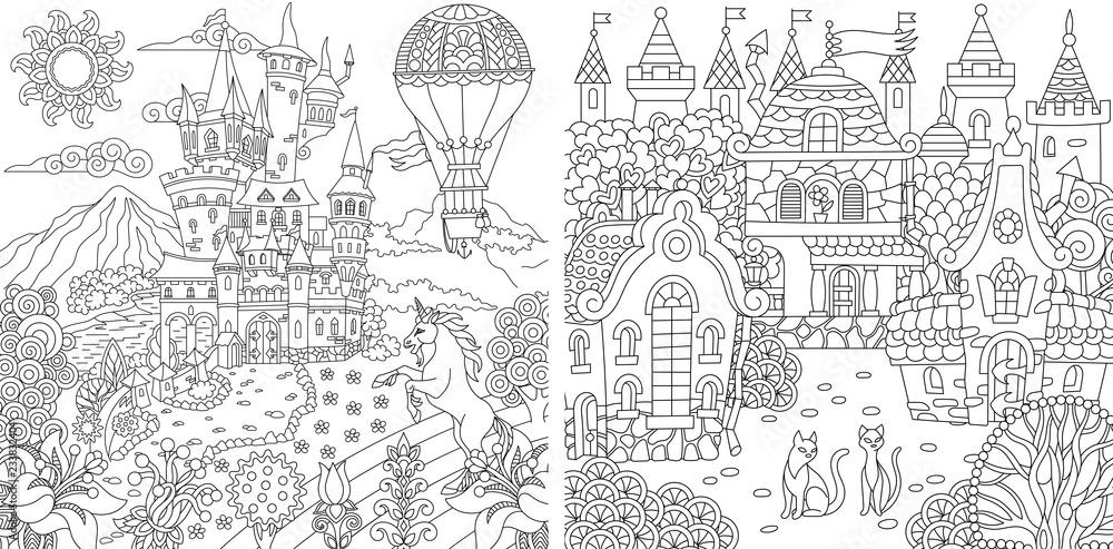 Coloring pages with fantasy castles