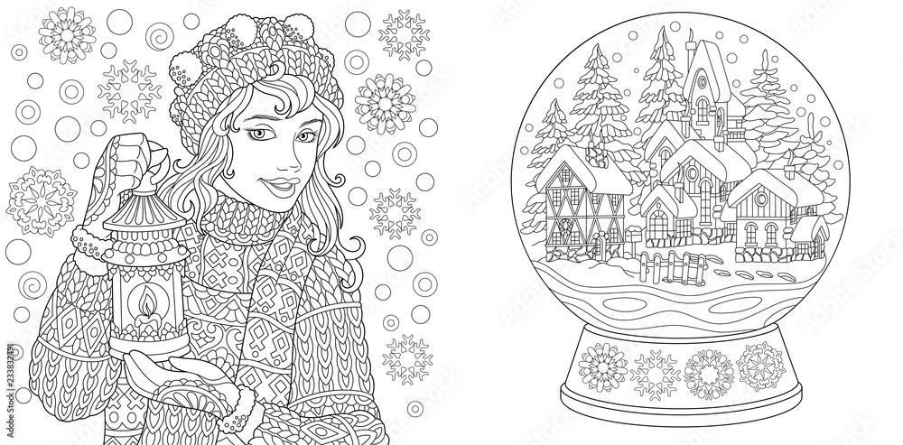 Naklejka premium Coloring pages with winter girl and magic crystal snow ball
