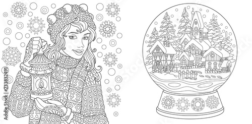 Coloring pages with winter girl and magic crystal snow ball