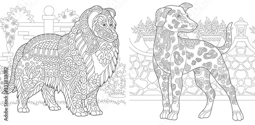 Coloring pages with collie and dalmatian dogs