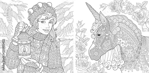 Coloring pages with winter girl and unicorn