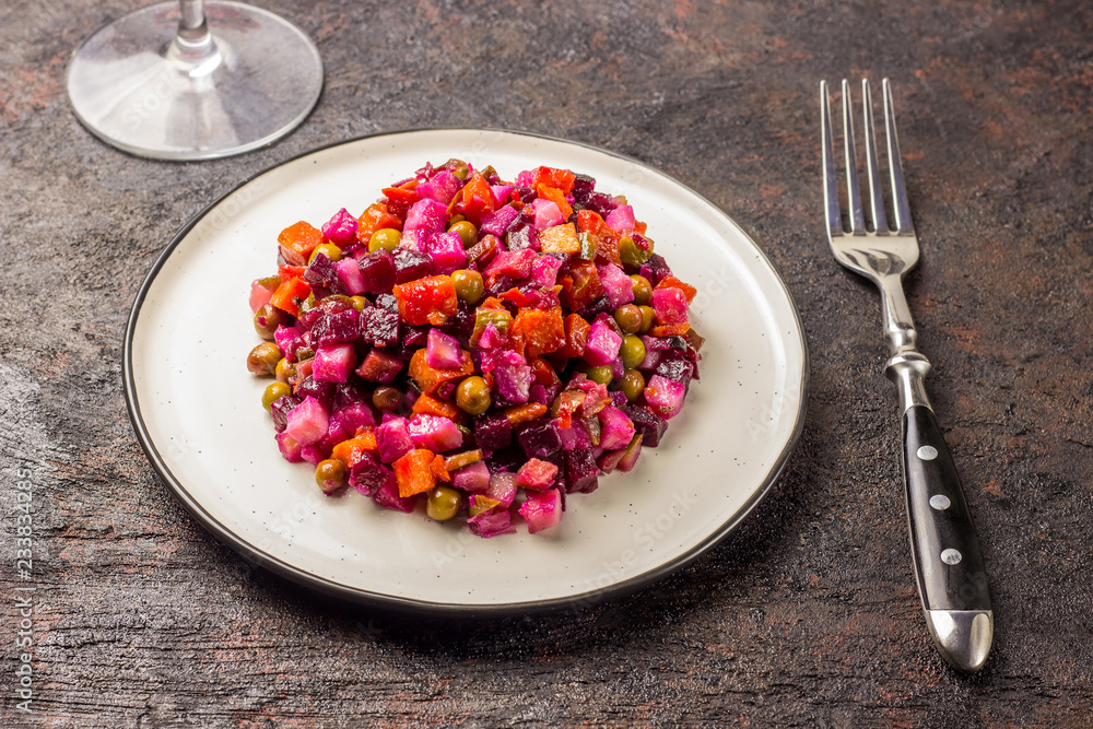 Salad from the beet. Vinaigrette is a traditional Russian salad made from beets and vegetables.