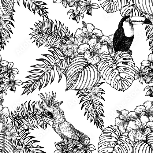 Seamless pattern of hand drawn sketch style flowers and plants isolated on white background. Vector illustration.