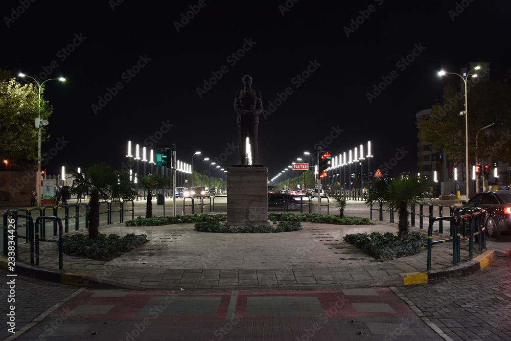 King Zog statue in front of New Boulevard Tirana.