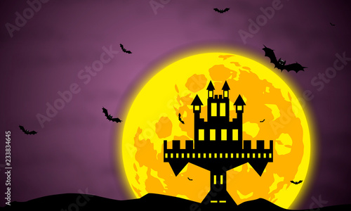 black castle and bats in the background of the moon