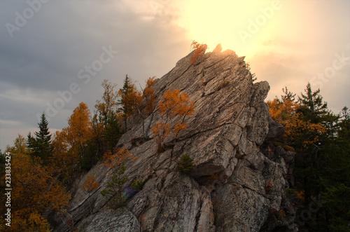 sunset in the mountains in the autumn forest