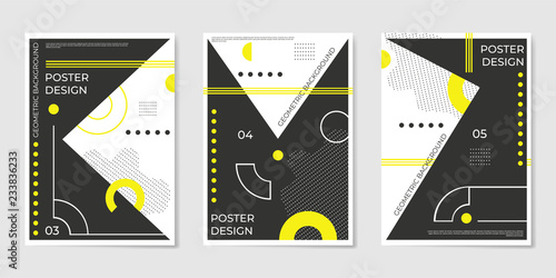 Covers templates set with trendy geometric patterns, yellow,black,white colors and memphis elements.