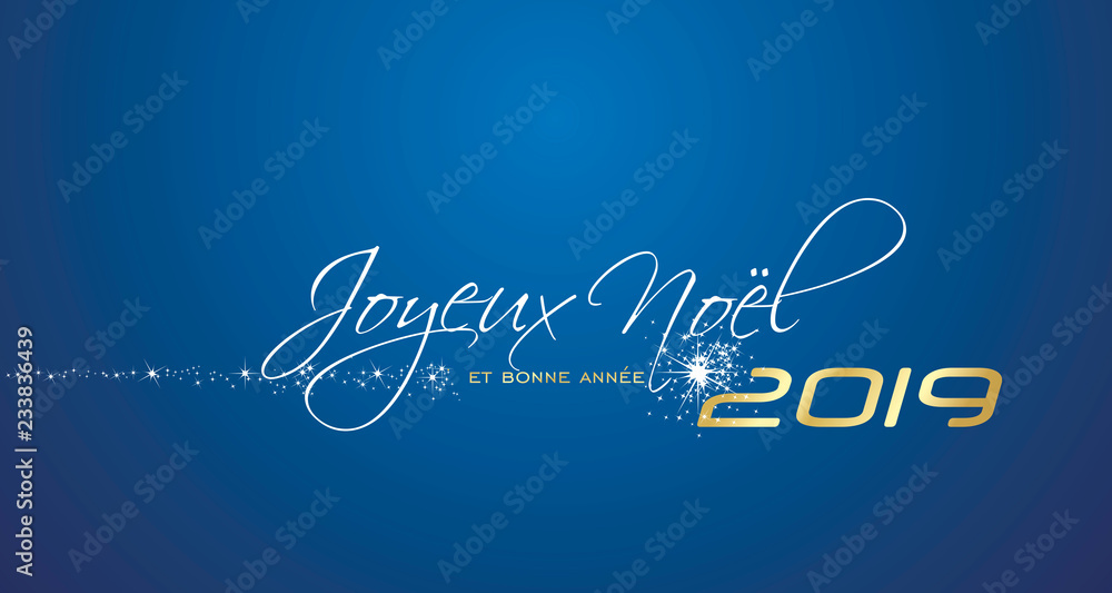 Merry Christmas and Happy New Year 2019 French language Joyeux noel et bonne annee blue greeting card