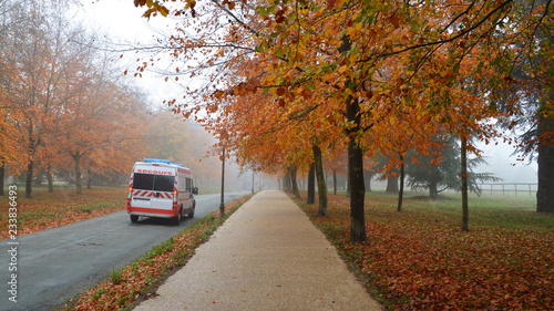 Emergency ambulance on a country road with autumnal fog