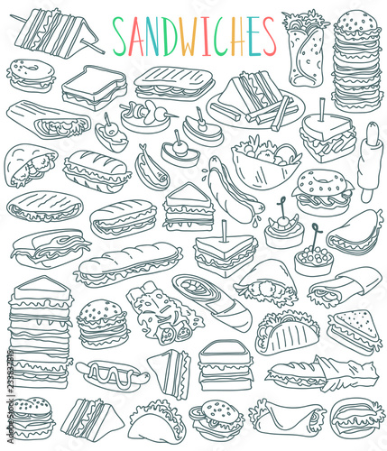 Sandwiches doodles set. Club sandwich, cheeseburger, hamburger, falafel in pita, shawarma, deli wrap, roll, taco, baguette, panini, bagel, toast. Outline vector drawing isolated on white background. photo