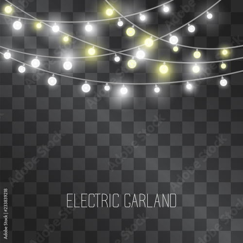 Hanging garland isolated on transparent background. Party electric bulb illumination, bunch and string type silver and golden light. Magical shine decoration for events, celebrations, parties.