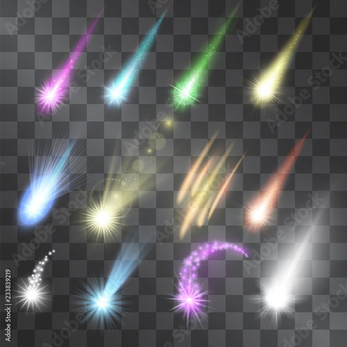 Meteorite falling vector set isolated on transparent background. Comet rain of hot, burning space materials. Glowing shooting stars light effects. Asteroid types with shining tales. Shining fireballs.