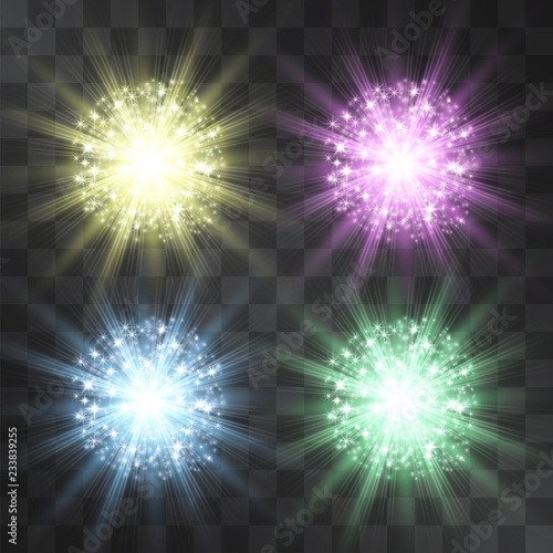 Explosion light effect set, burning glitter beams isolated on transparent background. Vector neon energy flash, glowing rays with sparkles cloud. Astronomy super nova design element for ads, posters.