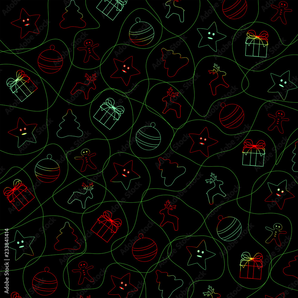 Christmas objects pattern in red, green and black colors