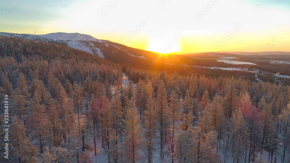 AERIAL: Gold winter sun setting behind frozen spruce forest and small ski resort