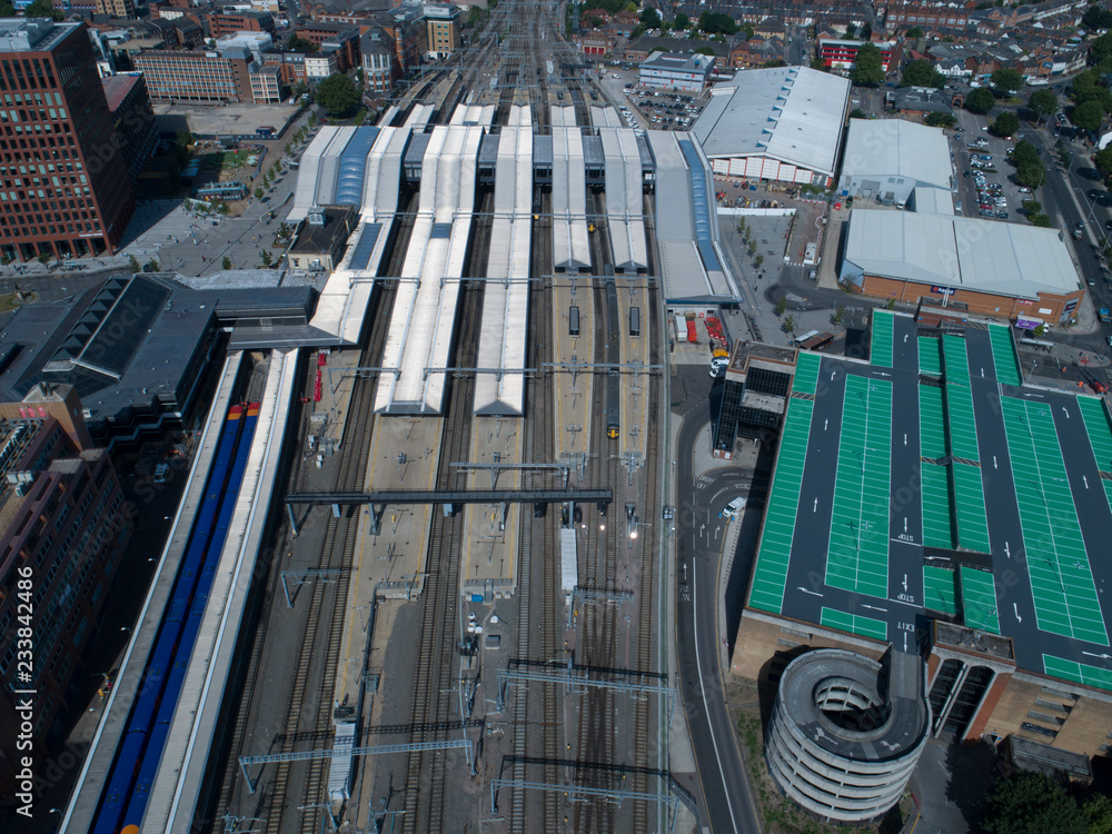 Aerial View of Train Station Platforms