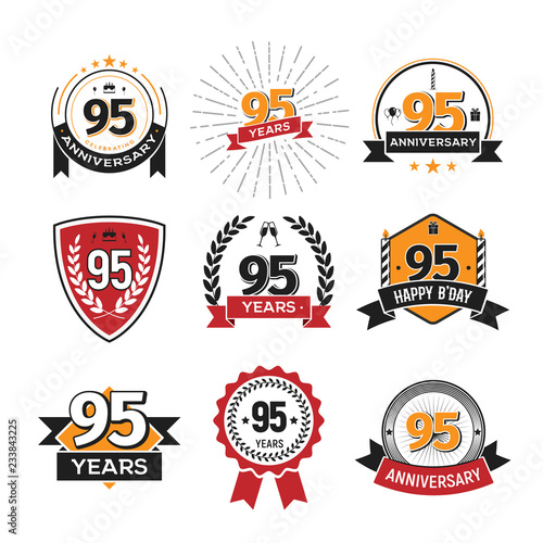 Collection of retro 95 th years anniversary logo. Set of Isolated vintage icons of ninety-five years celebrating vector illustration