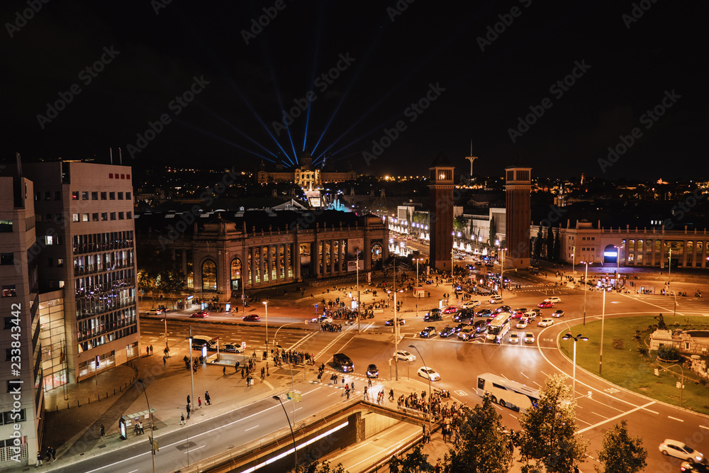 Plaza de Espana in Barcelona, top view at night, traffic lights.