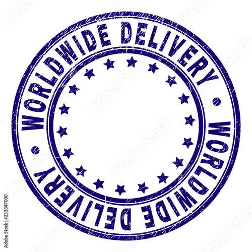 WORLDWIDE DELIVERY stamp seal imprint with distress texture. Designed with circles and stars. Blue vector rubber print of WORLDWIDE DELIVERY caption with grunge texture.