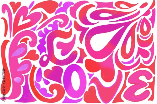 Retro Hippie 60's, 70's LOVE design with hearts and swirls background, in red purple and pinks on black and white photo