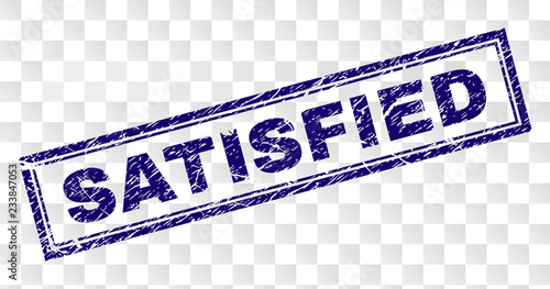 SATISFIED stamp seal print with rubber print style and double framed rectangle shape. Stamp is placed on a transparent background. Blue vector rubber print of SATISFIED caption with unclean texture.