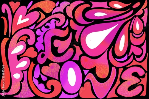 Retro Hippie 60's, 70's LOVE design with hearts and swirls background, in red purple and pinks on black and white photo