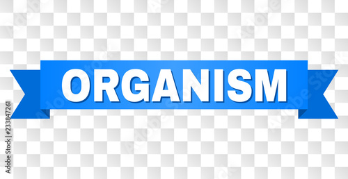 ORGANISM text on a ribbon. Designed with white caption and blue stripe. Vector banner with ORGANISM tag on a transparent background.