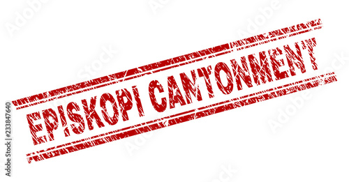 EPISKOPI CANTONMENT seal print with distress texture. Red vector rubber print of EPISKOPI CANTONMENT text with unclean texture. Text caption is placed between double parallel lines.