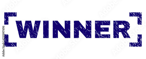 WINNER text seal print with corroded style. Text caption is placed inside corners. Blue vector rubber print of WINNER with corroded texture.