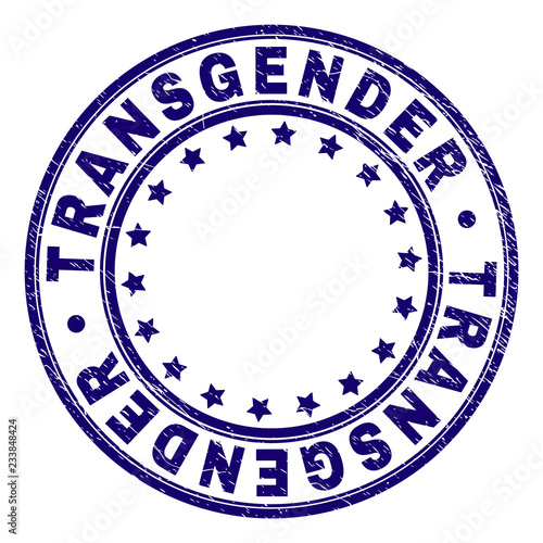TRANSGENDER stamp seal imprint with distress texture. Designed with circles and stars. Blue vector rubber print of TRANSGENDER tag with unclean texture.