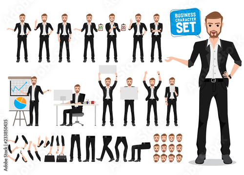 Naklejka Męski biznes wektor zestaw znaków. Biznes człowiek tworzenie postaci z kreskówek rozmawia z różnych stojących pozy i gesty dłoni, trzymając białą tablicę do prezentacji. Ilustracji wektorowych.
