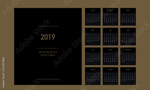 Premium Calendar Minimalist Planner 2019 years Gold Color. Simple minimal wall type or desktop calendar golden template. Week starts from sunday. vector illustrator