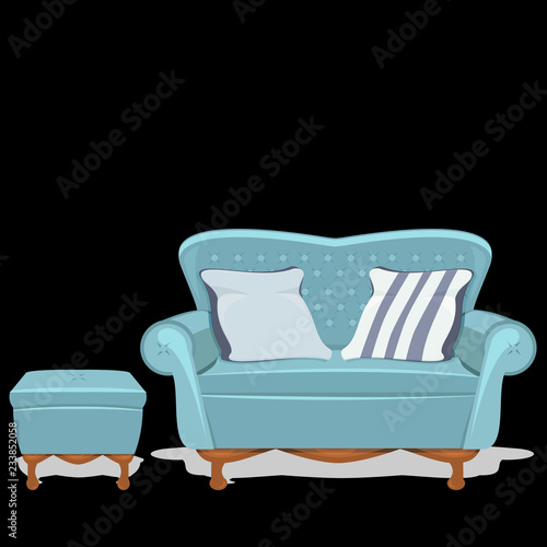 Minimal rustic light blue sofa and stool with soft pillows. Simple flat style vector illustration cartoon.