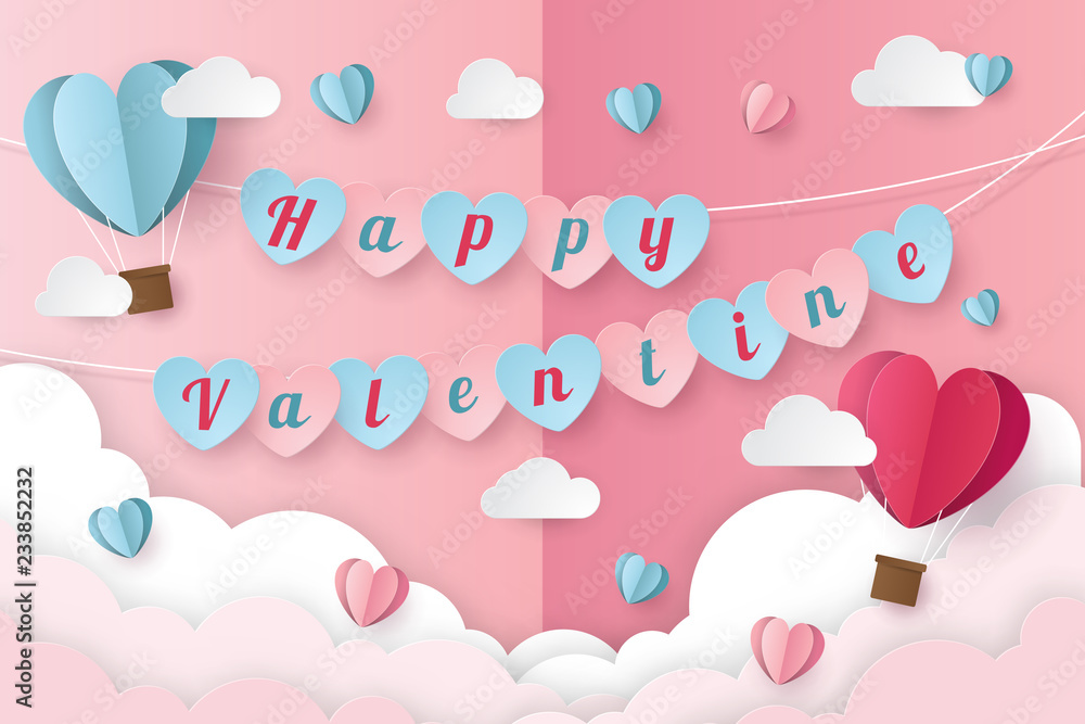 illustration of love and valentine day with balloon heart and clouds. Paper cut style. Vector illustration