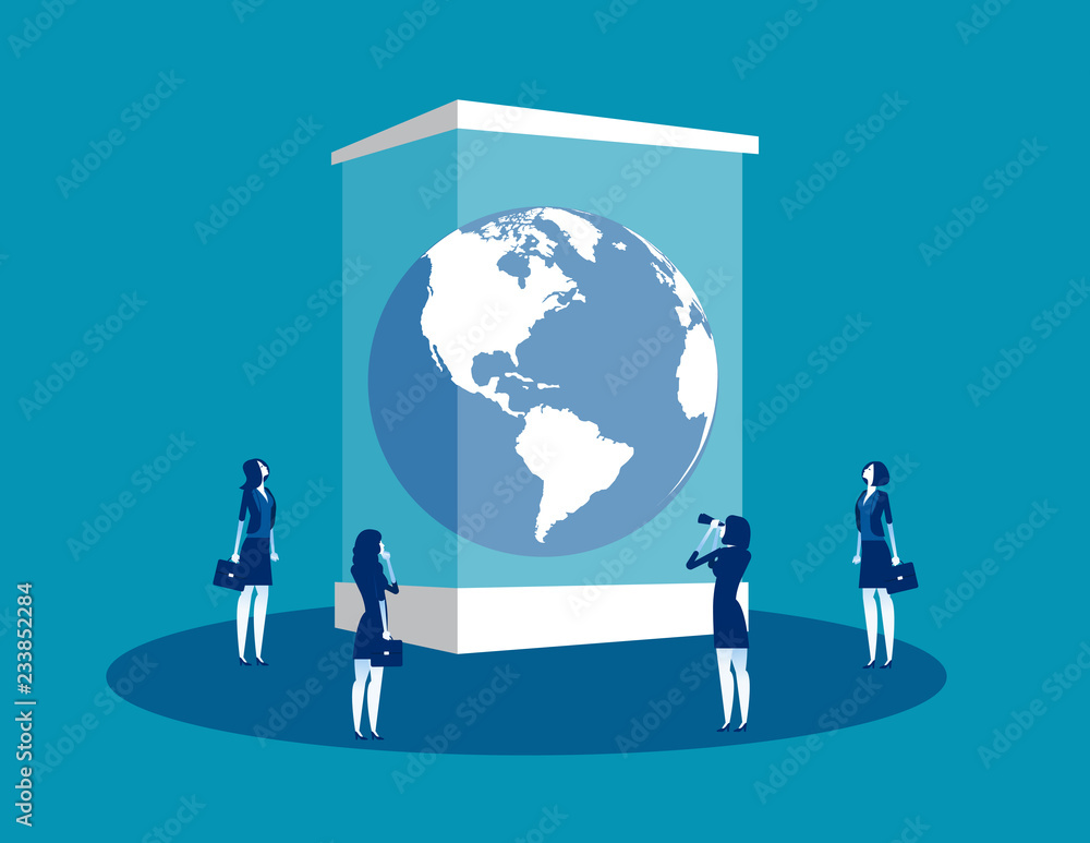 Globe in a museum glass box. Concept business vector illustration, Extinct, People, Looking and Searching.