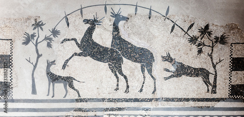 Hunting scene mosaic with dogs and deers