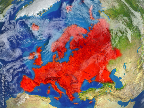 Europe on realistic model of planet Earth with very detailed planet surface and clouds. Continent highlighted in red colour.