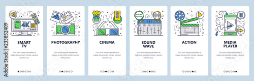 Vector web site linear art onboarding screens template. Media icons, smart 4k tv set, photo camera and cinema 3d glasses, music player and sound mixer. Menu banners for website and mobile app
