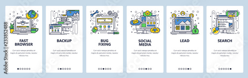 Vector web site linear art onboarding screens template. Social media network, surfing internet and computer data backup. Menu banners for website and mobile app development. Modern design flat