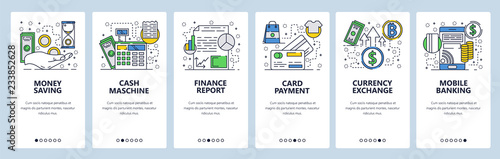 Vector web site linear art onboarding screens template. Mobile banking, credit card payment and curency exchange. Menu banners for website and mobile app development. Modern design flat illustration.