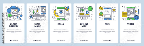 Vector web site linear art onboarding screens template. Mobile phone online services, cloud sync, calls, navigation map and messages. Menu banners for website and mobile app development. Modern design