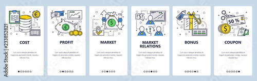 Vector web site linear art onboarding screens template. Money flow and company cost, profit and income. Menu banners for website and mobile app development. Modern design flat illustration.