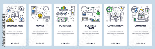 Vector web site linear art onboarding screens template. Business plan and company money flow. Menu banners for website and mobile app development. Modern design flat illustration.