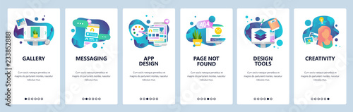 Vector web site onboarding screens template. Design creative tools and software. Mobile online Messaging app and Page not found error. Menu banners for website and mobile app development. Modern