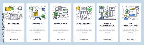 Vector web site linear art onboarding screens template. Business computer desk, file shredder and video conference. Database storage, sales and demand financial presentation. Menu banners for website
