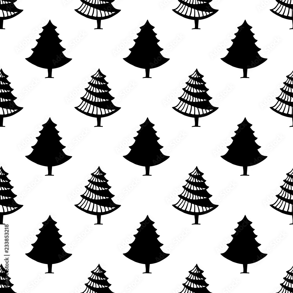 Obraz premium Hand drawn christmas tree seamless pattern isolated on white background. Ink vector illustration. Modern brush calligraphy.