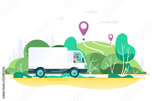 Flat delivery truck with man is carrying parcels on points.