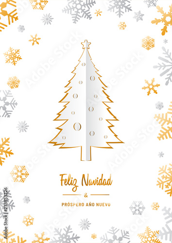 Feliz Navidad y próspero Año Nuevo origami card template in Spanish. Translation: "Merry Christmas and Happy New Year". Greeting card invitation with Christmas pine trees and snowflakes. Vector illust
