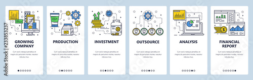 Vector web site linear art onboarding screens template. Business and money investment. Financial report and charts. Menu banners for website and mobile app development. Modern design flat illustration