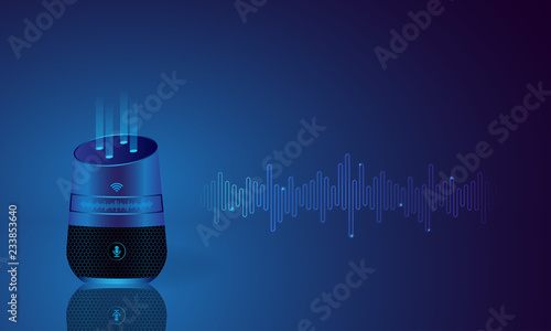 Smart speaker with sound waves on blue background. Voice Controller for Smart homes. IoT technology vector illustration
